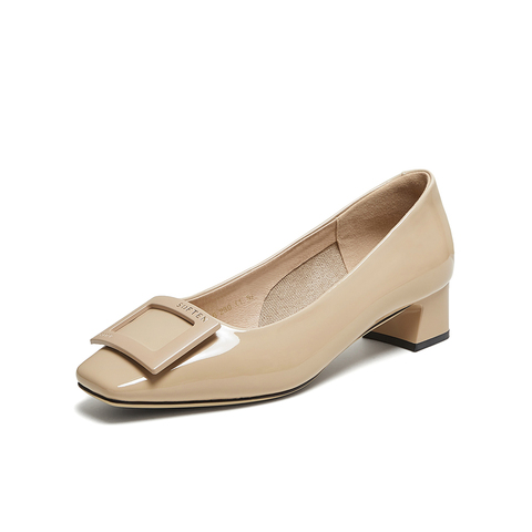百思图2025秋季新款浅口单鞋时尚潮流通勤粗跟方头女鞋CT056CQ5