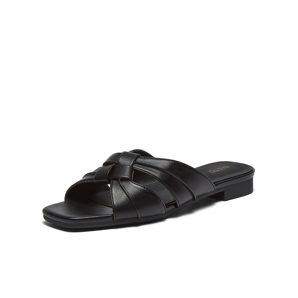 百思图2025夏季新款简约休闲通勤一字拖粗跟女凉拖鞋B6381BT5