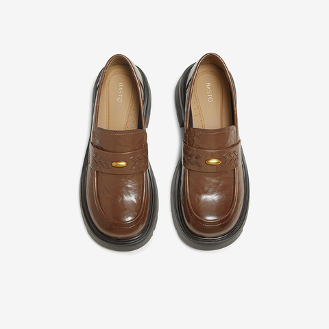 百思图2025秋季新款乐福鞋时尚复古学院风粗跟女单鞋W0811CA5