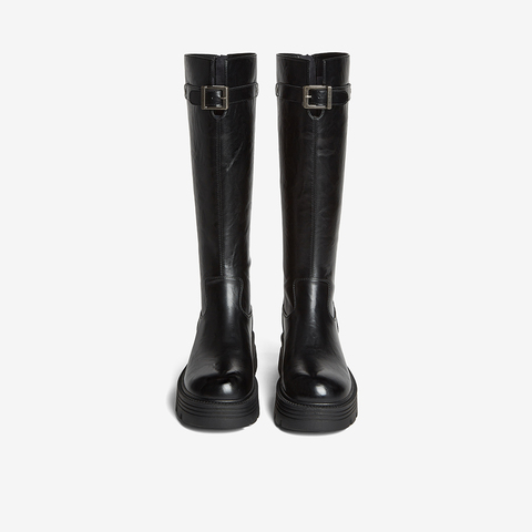 百思图2025冬季新款商场同款骑士靴街头潮流粗跟女长靴F2021DG5