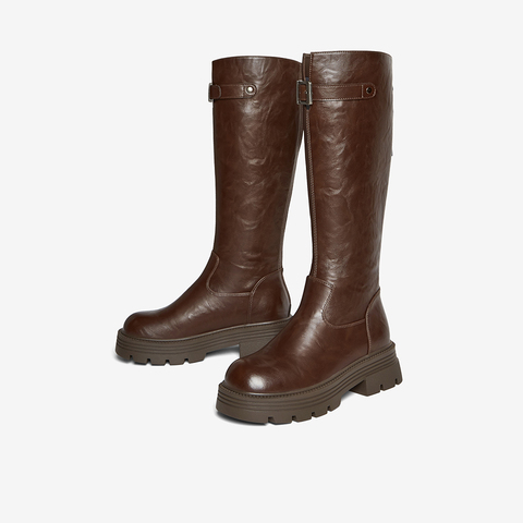 百思图2025冬季新款商场同款骑士靴街头潮流粗跟女长靴F2021DG5