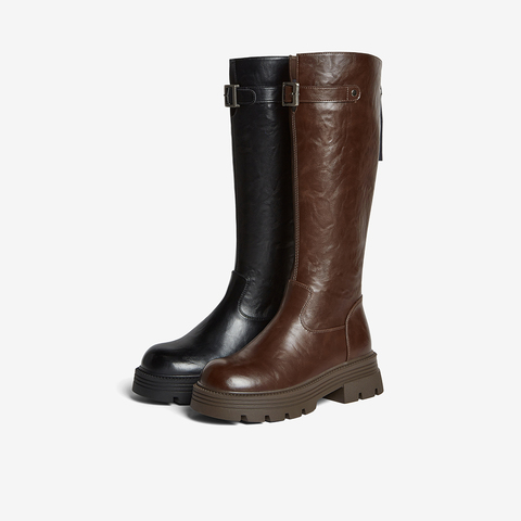 百思图2025冬季新款商场同款骑士靴街头潮流粗跟女长靴F2021DG5