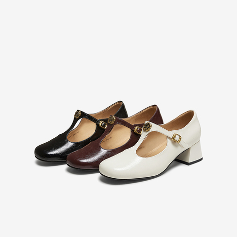 百思图2025秋季新款玛丽珍鞋时尚法式粗跟圆头女单鞋C5691CA5