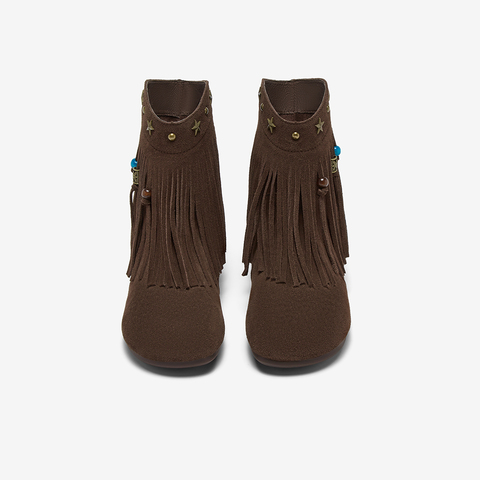 百思图2025冬季新款流苏靴时尚潮流街头平跟女短靴K5015DZ5