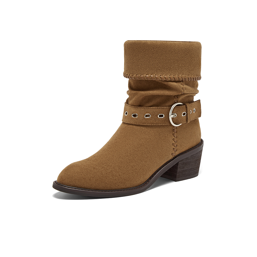 百思图2025冬季新款西部靴时尚潮流堆堆靴粗跟尖头女中靴B2732DZ5