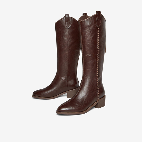 百思图2025冬季新款骑士靴时尚街头潮流粗跟尖头女长靴F3017DG5