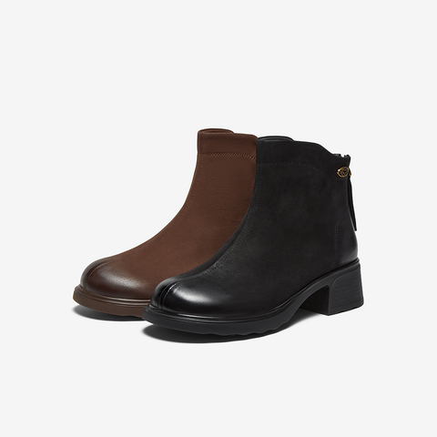 百思图2025冬季新款商场同款时装靴简约通勤粗跟女短靴W8028DD5