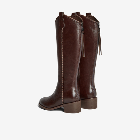 百思图2025冬季新款骑士靴时尚街头潮流粗跟尖头女长靴F3017DG5