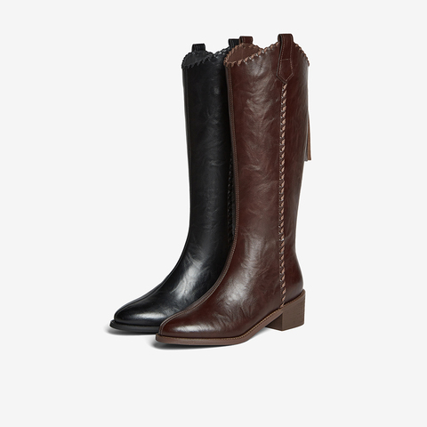 百思图2025冬季新款骑士靴时尚街头潮流粗跟尖头女长靴F3017DG5