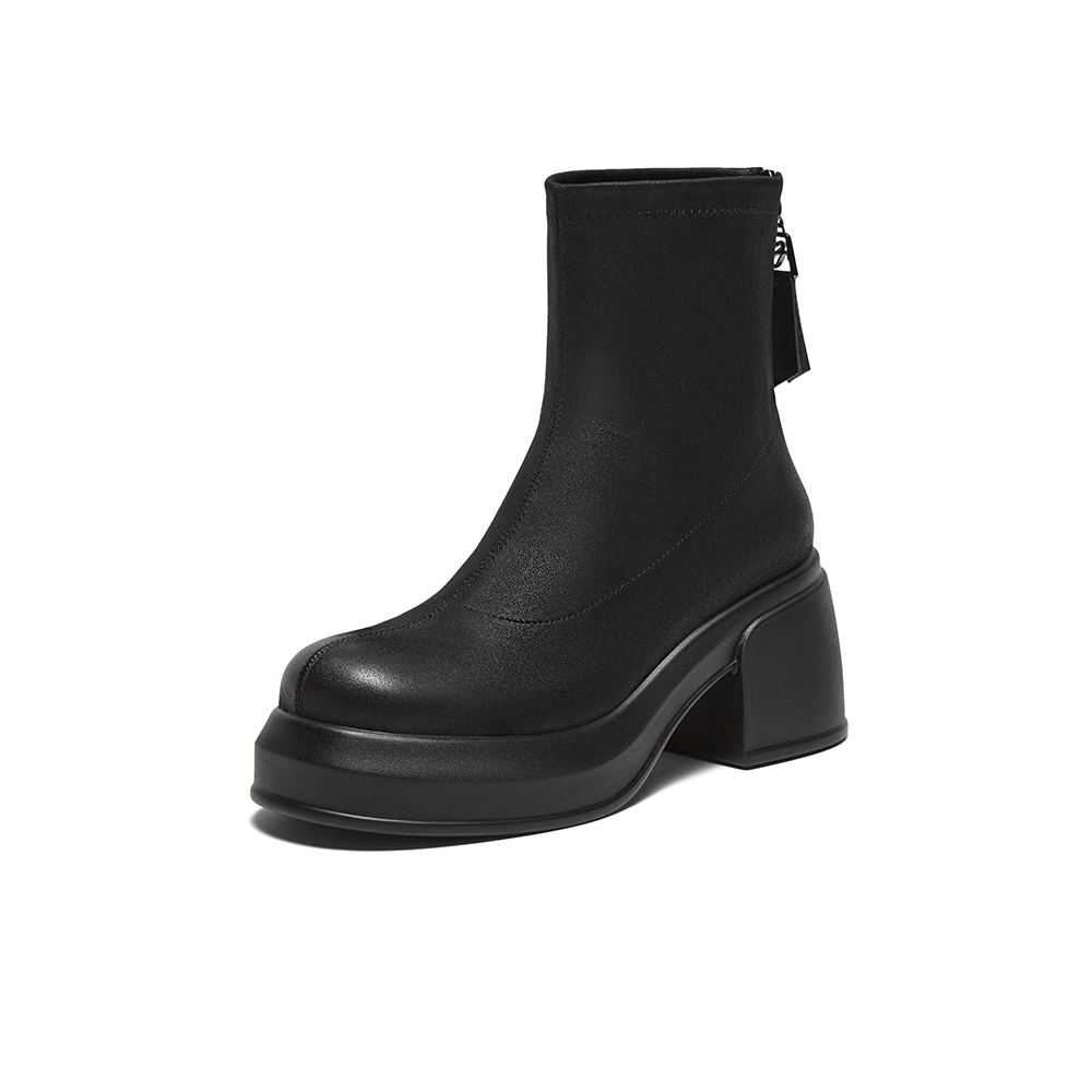 百思图2025冬季新款商场同款时装靴时尚潮流粗跟女中靴E5037DZ5