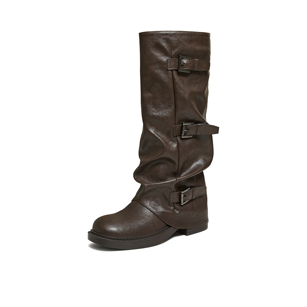 百思图2025冬季新款裤筒靴时尚街头潮流粗跟女长靴B8605DG5