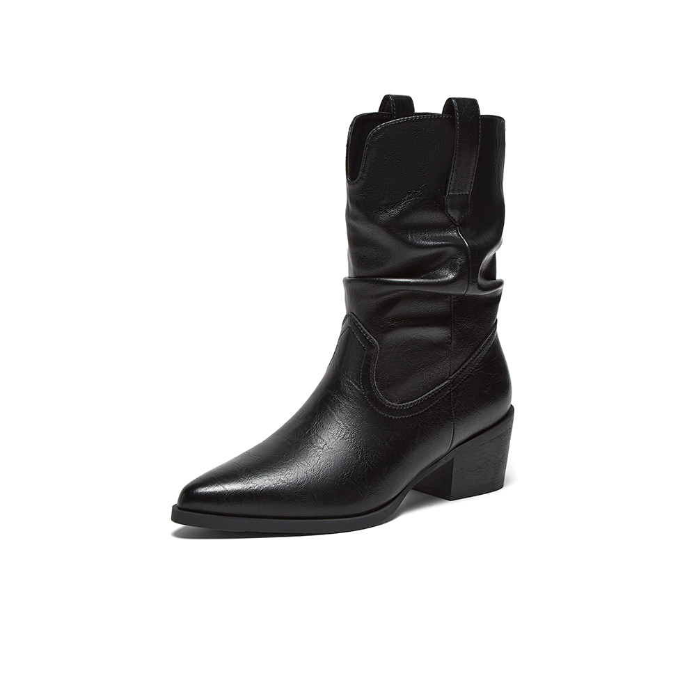 百思图2025冬季新款堆堆靴时装靴时尚潮流粗跟尖头女中靴F3061DZ5