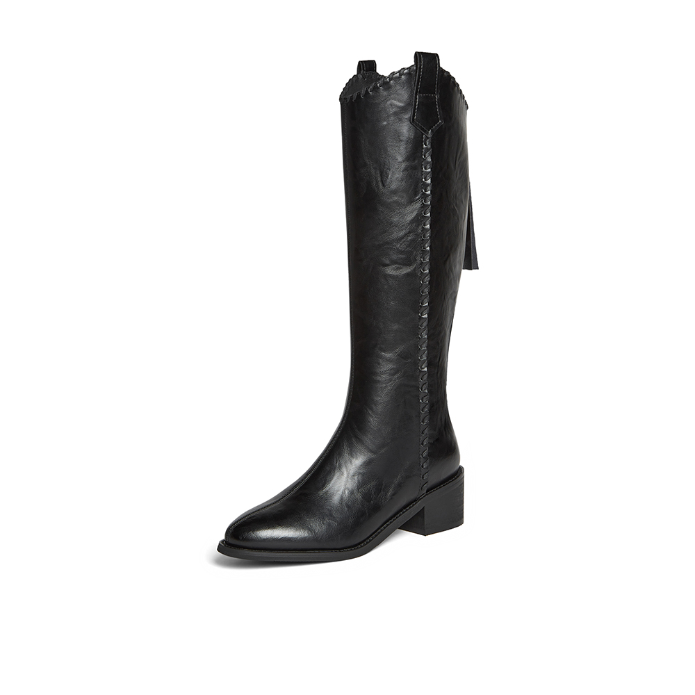 百思图2025冬季新款骑士靴时尚街头潮流粗跟尖头女长靴F3017DG5