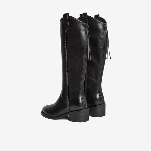 百思图2025冬季新款骑士靴时尚街头潮流粗跟尖头女长靴F3017DG5