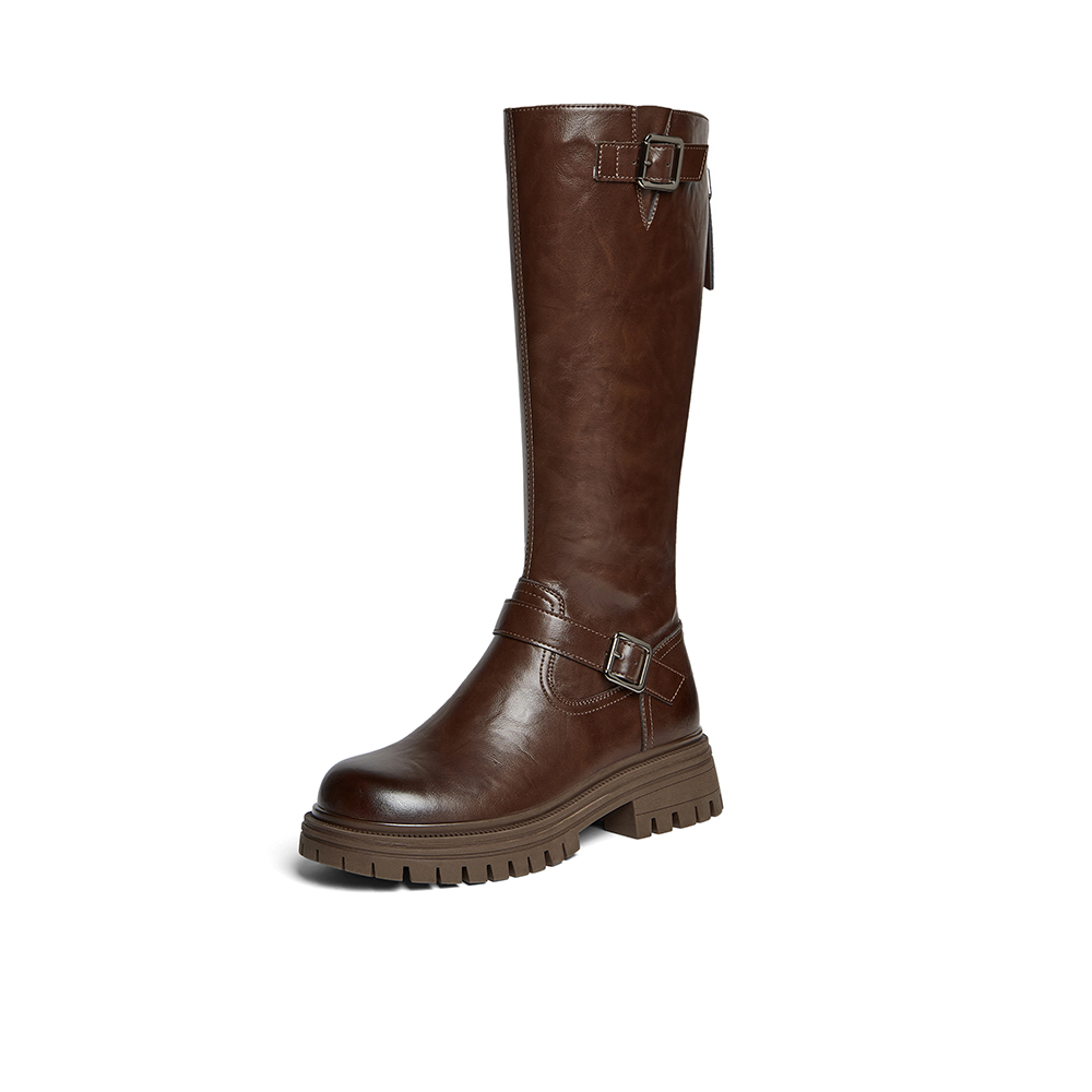 百思图2025冬季新款骑士靴时尚街头潮流通勤粗跟女长靴F2032DG5