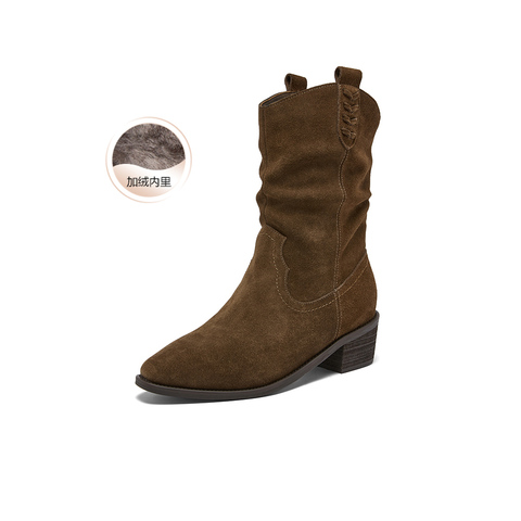 百思图2025冬季新款西部靴时尚复古潮流粗跟尖头女中靴BP107DZ5