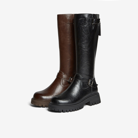 百思图2025冬季新款骑士靴时尚街头潮流通勤粗跟女长靴F2032DG5
