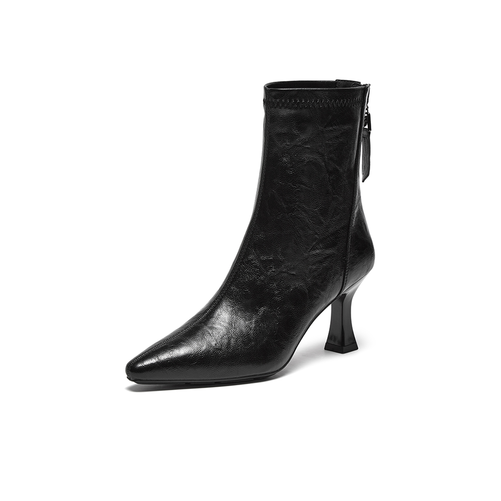 百思图2025冬季新款时装靴简约潮流细高跟尖头女短靴F5303DZ5