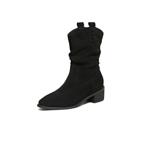 百思图2025冬季新款西部靴时尚复古潮流粗跟尖头女中靴BP107DZ5