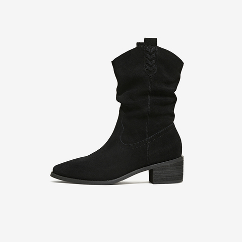 百思图2025冬季新款西部靴时尚复古潮流粗跟尖头女中靴BP107DZ5