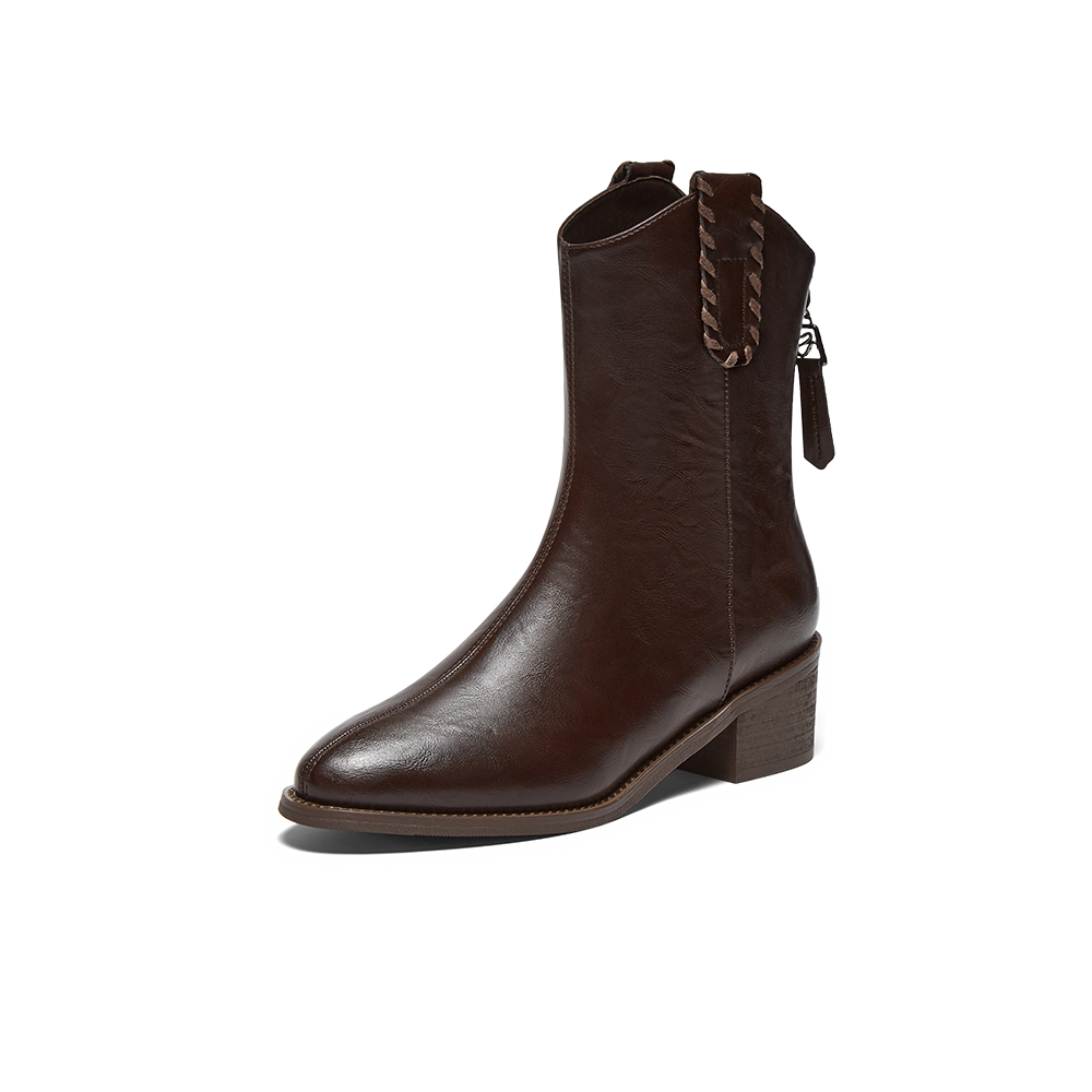 百思图2025冬季新款时装靴时尚简约潮流通勤粗跟女中靴F3011DZ5