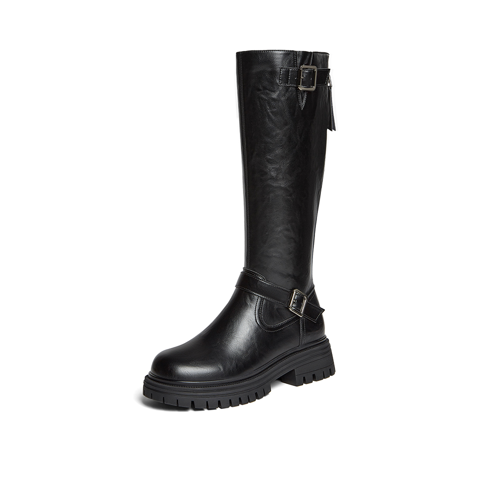 百思图2025冬季新款骑士靴时尚街头潮流通勤粗跟女长靴F2032DG5