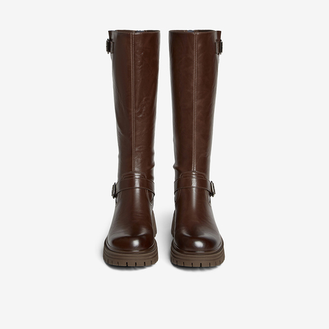 百思图2025冬季新款骑士靴时尚街头潮流通勤粗跟女长靴F2032DG5