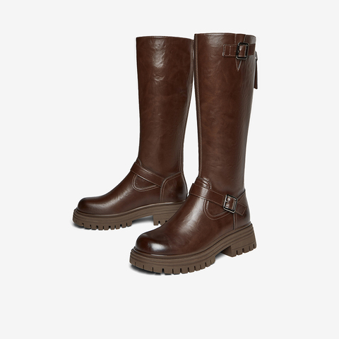 百思图2025冬季新款骑士靴时尚街头潮流通勤粗跟女长靴F2032DG5