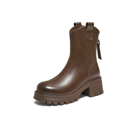 百思图2025冬季新款商场同款时装靴时尚简约粗跟女中靴BV239DZ5