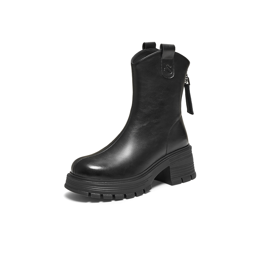 百思图2025冬季新款商场同款时装靴时尚简约粗跟女中靴BV239DZ5