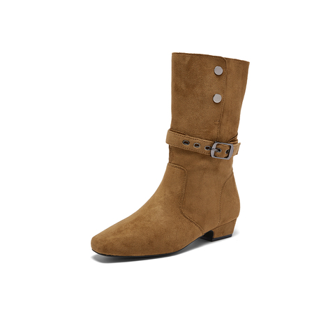 百思图2025冬季新款西部靴时尚潮流复古粗跟女中靴W0889DZ5