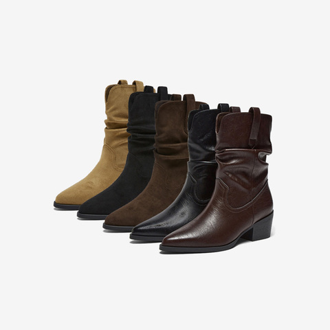 百思图2025冬季新款堆堆靴时装靴时尚潮流粗跟尖头女中靴F3061DZ5