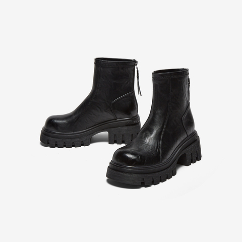 百思图2025冬季新款商场同款时装靴时尚潮流粗跟女短靴F6012DD5