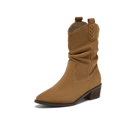 百思图2025冬季新款西部靴时尚复古潮流粗跟尖头女中靴BP107DZ5