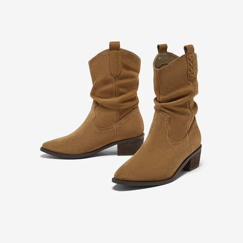 百思图2025冬季新款西部靴时尚复古潮流粗跟尖头女中靴BP107DZ5