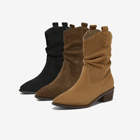 百思图2025冬季新款西部靴时尚复古潮流粗跟尖头女中靴BP107DZ5