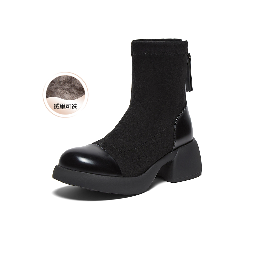 百思图2025冬季新款商场同款时装靴时尚通勤粗跟女中靴O3982DZ5