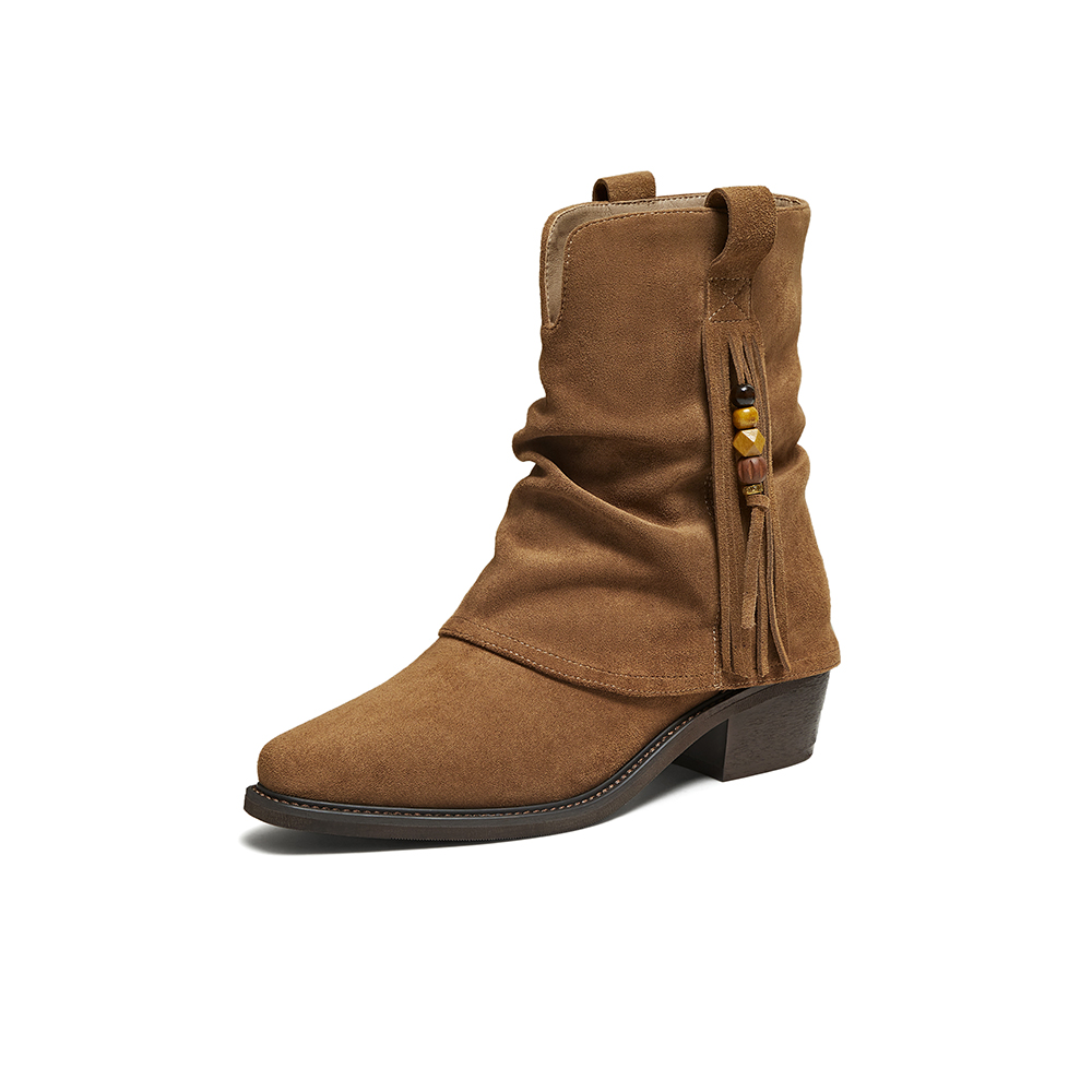 百思图2025冬季新款西部堆堆靴时尚潮流复古粗跟女中靴BP073DZ5