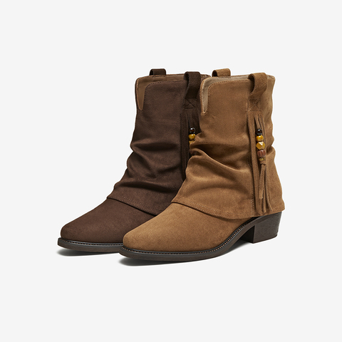 百思图2025冬季新款西部堆堆靴时尚潮流复古粗跟女中靴BP073DZ5