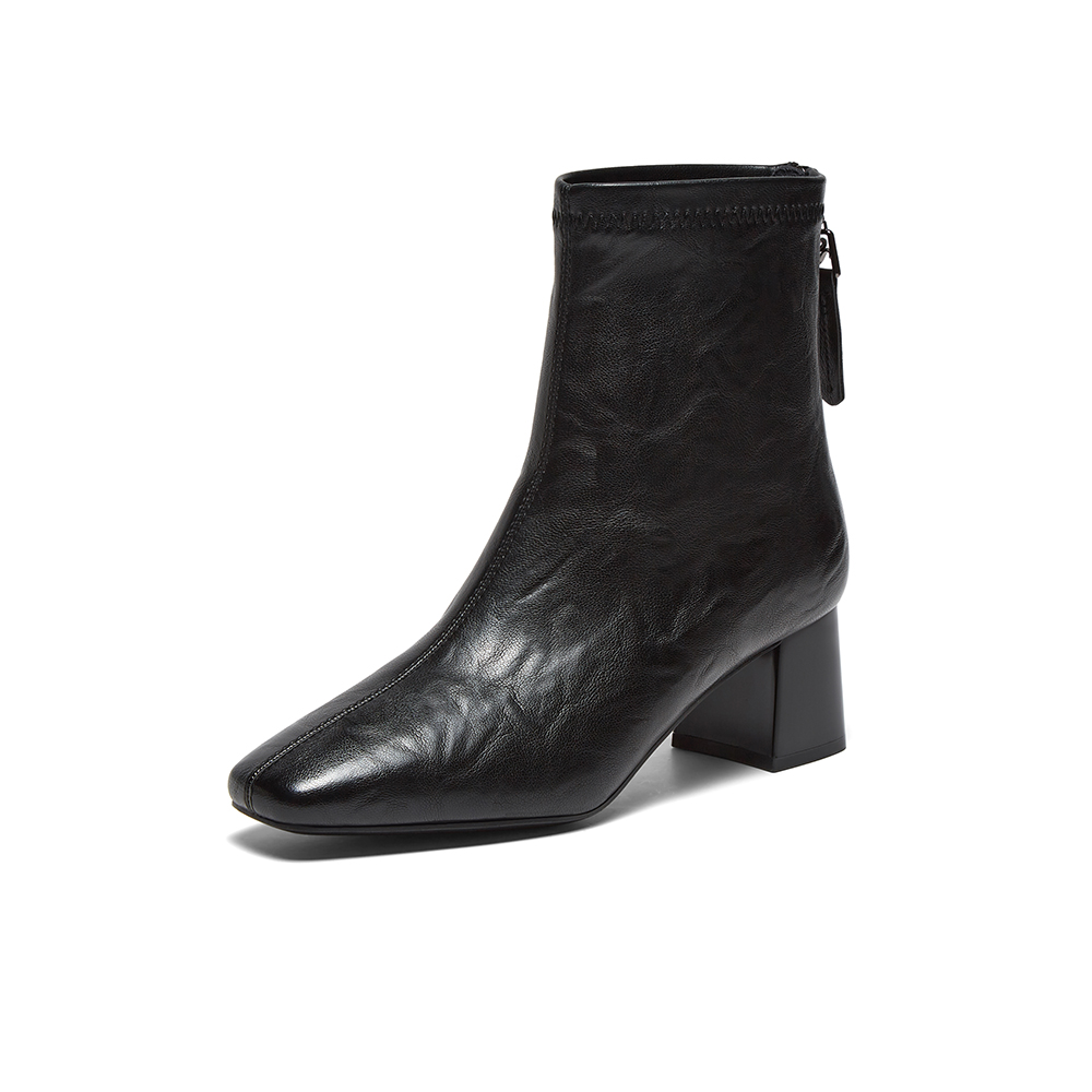 百思图2025冬季新款商场同款时装靴时尚潮流方头女短靴F5011DD5