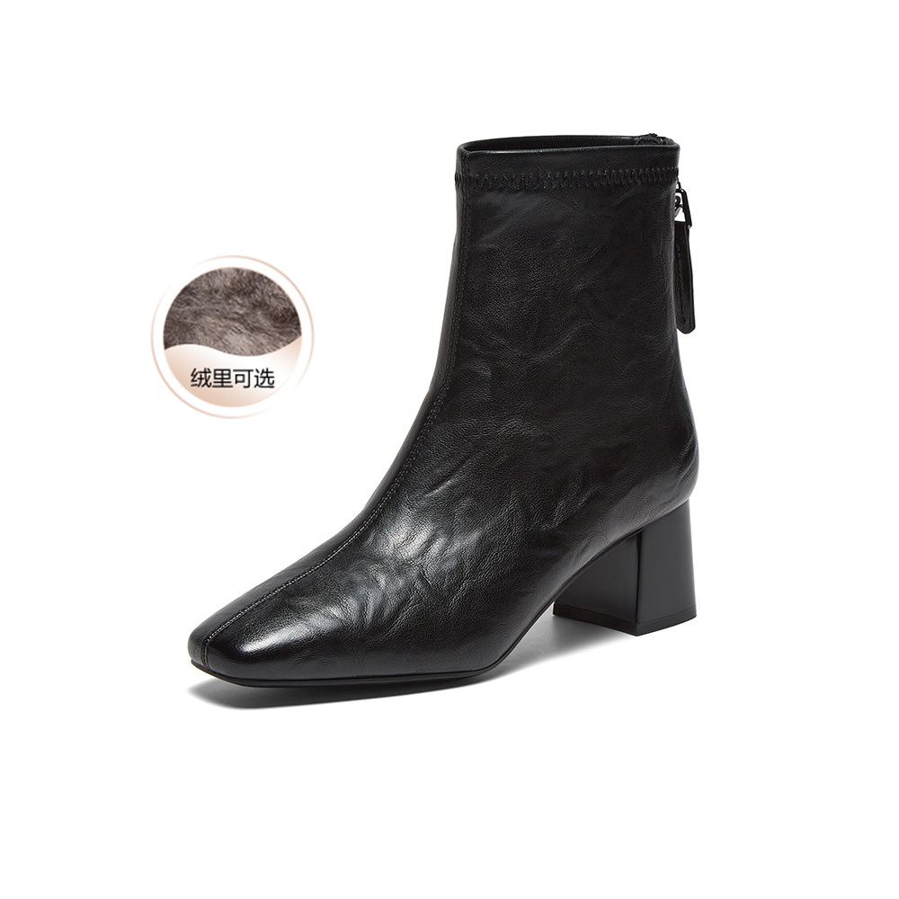 百思图2025冬季新款商场同款时装靴时尚潮流方头女短靴F5011DD5