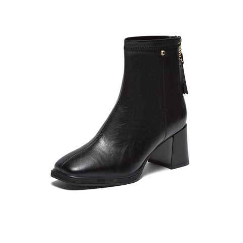 百思图2025冬季新款商场同款时装靴简约通勤粗跟女短靴F2091DD5