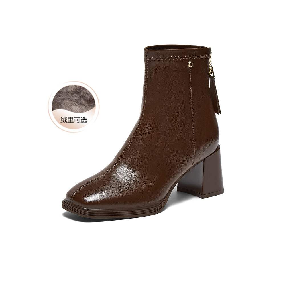 百思图2025冬季新款商场同款时装靴简约通勤粗跟女短靴F2091DD5