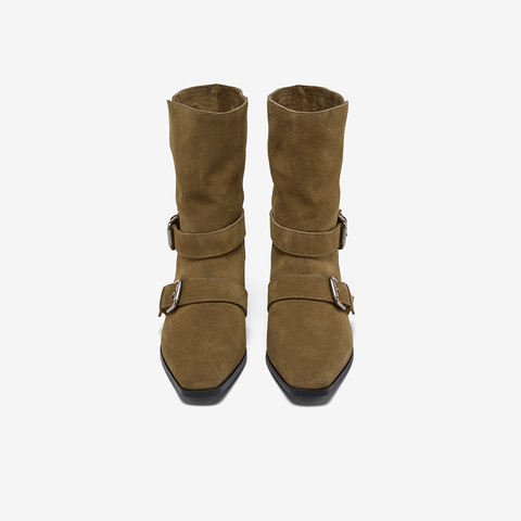 百思图2025冬季新款西部靴时尚复古户外粗跟尖头女中靴K5053DZ5