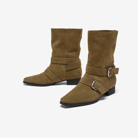 百思图2025冬季新款西部靴时尚复古户外粗跟尖头女中靴K5053DZ5