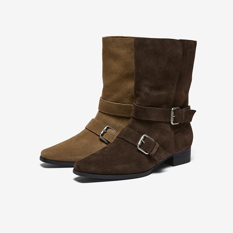 百思图2025冬季新款西部靴时尚复古户外粗跟尖头女中靴K5053DZ5