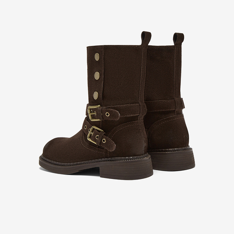 百思图2025冬季新款堆堆靴时尚简约通勤粗跟女中靴W6888DZ5