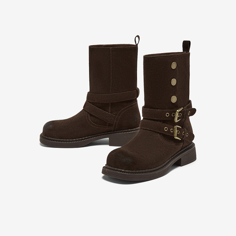 百思图2025冬季新款堆堆靴时尚简约通勤粗跟女中靴W6888DZ5