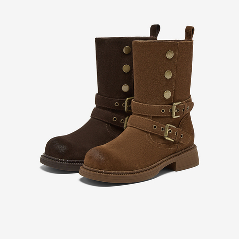 百思图2025冬季新款堆堆靴时尚简约通勤粗跟女中靴W6888DZ5