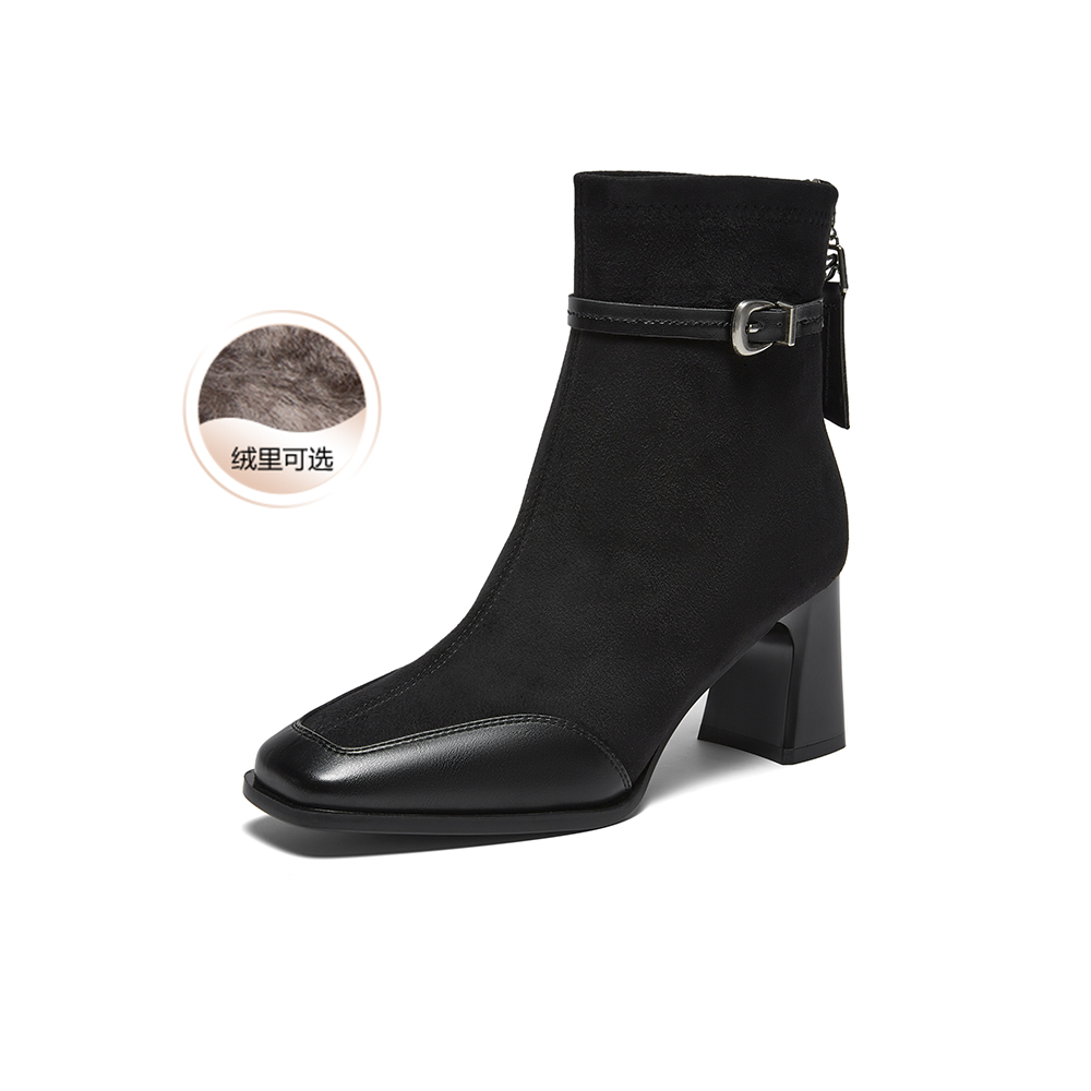 百思图2025冬季新款商场同款时装靴时尚粗高跟女短靴F2178DD5